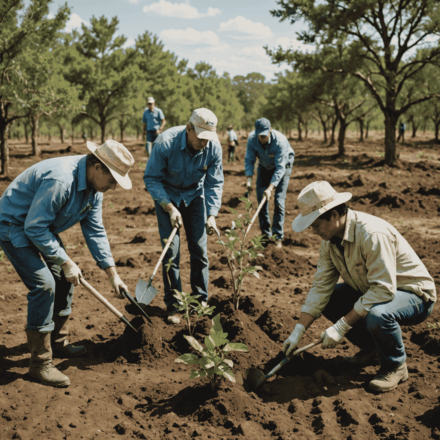 A group of volunteers planting trees in a previously barren area